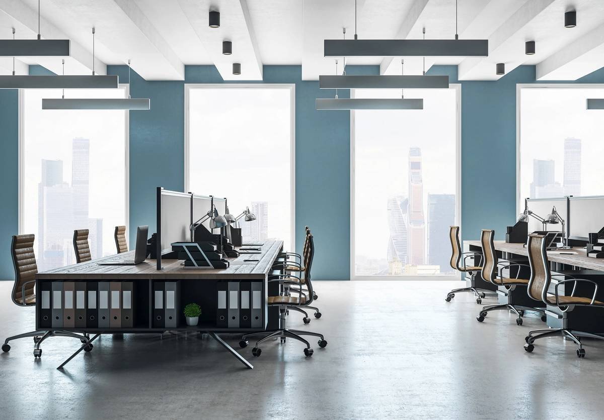 A modern workplace with natural light and a city view